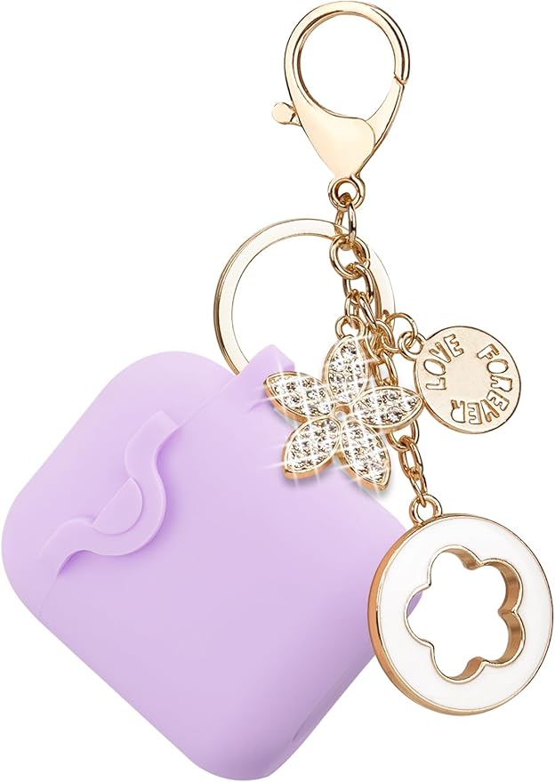 Secure Lock Silicone Case Compatible with AirPods Case 1 & 2 with Bling Keychain, Soft Protective Earpod Case Cover Earbuds Cases Women Girls for Apple Air Pod 2 Case - Lavender