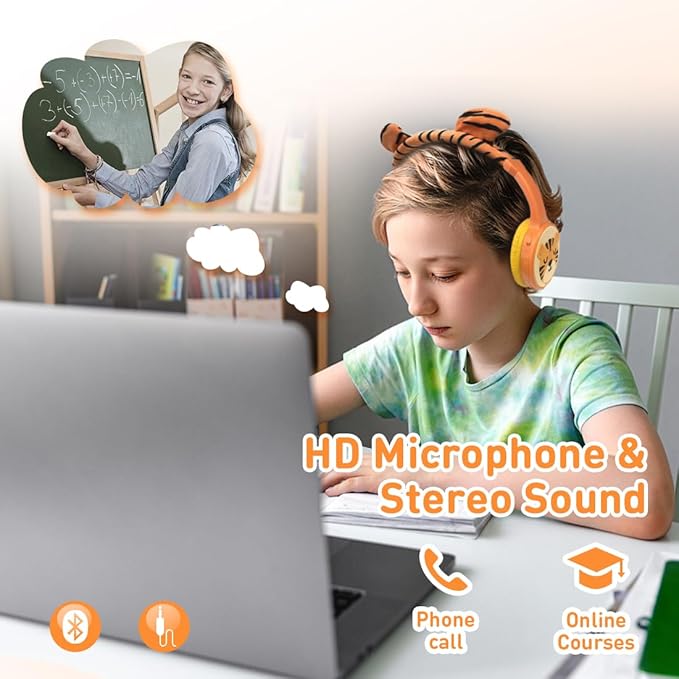 Kids Bluetooth Headphones, Wireless Headphone for Kids, 85dB Volume Limited, Built-in Mic, 3.5mm Aux Cord, Boys Girls Tiger Headset for School/Travel/Airplane