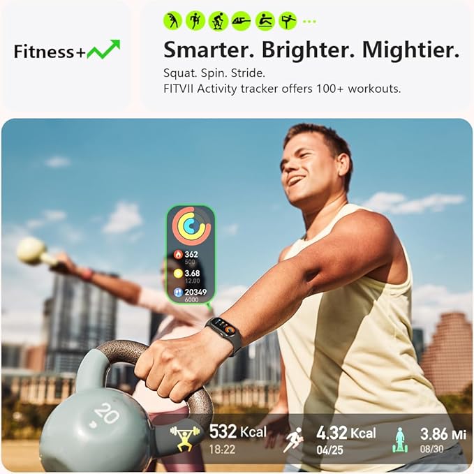FITVII Slim Fitness Tracker AMOLED with Blood Oxygen, Blood Pressure, 24/7 Heart Rate and Sleep Tracking, IP68 Waterproof Activity Trackers and Smart Watches with Step Tracker, Pedometer for Women Men