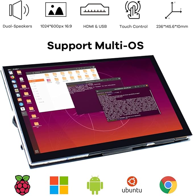 7 Inch IPS LCD Touch Screen Raspberry Pi Monitor Display 1024×600 Capacitive Screen HDMI Monitor Compatible with Raspberry Pi 5/4B/3B+, BB Black, Windows 10 8 7