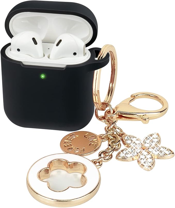 Silicone Case with Bling Keychain Compatible with AirPods Case 1 & 2, Soft Protective Earpod Case Cover Earbuds Cases Women Girls for Apple Air Pod 2 Case - Black