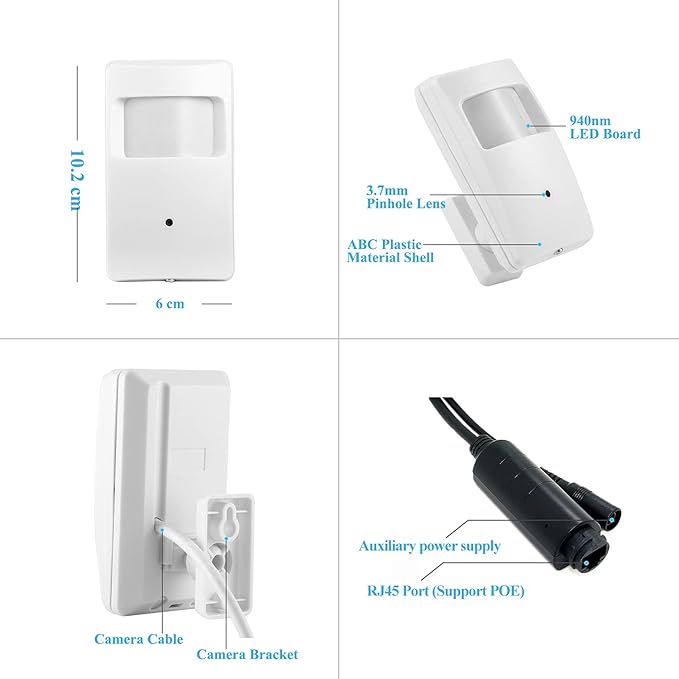 REVOTECH PIR POE IP Camera, HD 3MP Small Indoor Security Camera Covert 3.7mm Lens 940nm Invisible LEDs IR Night Vision P2P H.265(IPIR-M-P White)