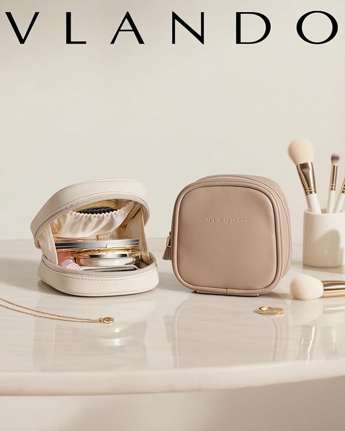 VLANDO Mini Makeup Bag, Small Makeup Bag for Purse with Slip-in Pockets, Portable Travel Toiletry Bag with Zipper, Waterproof Travel Essentials for Women - Toffee