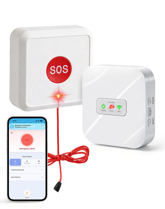 WiFi Emergency Call Light System with App Alert - Button & Pull Cord, 60/80/100dB Alarm with LED, 300ft Range, Zuomeng Waterproof Life Alert Systems for Seniors, Bathroom & Home Safety
