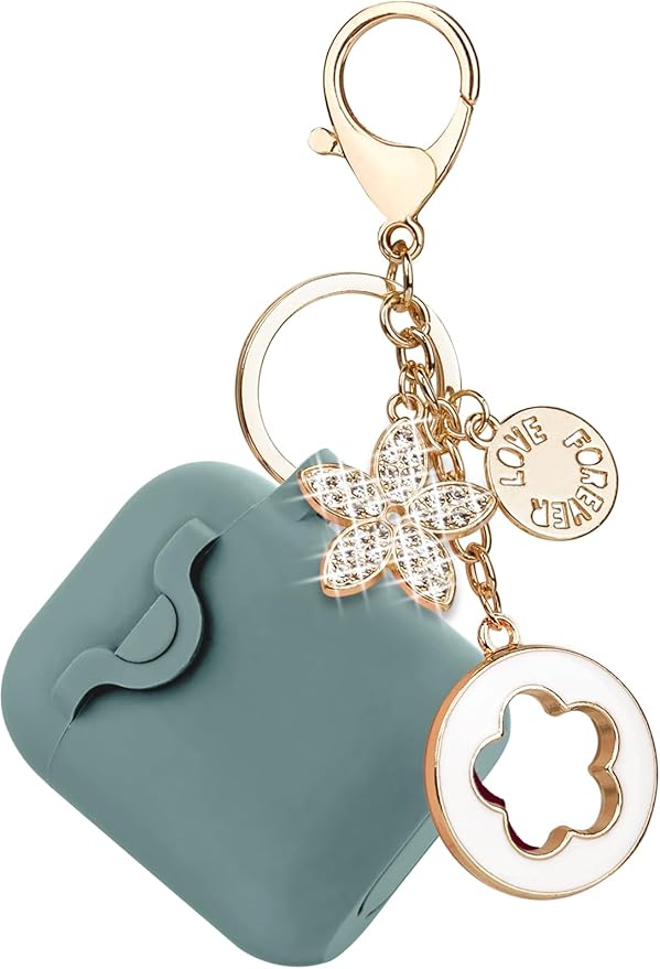Secure Lock Silicone Case Compatible with AirPods 1 & 2, Bling Keychain, Soft Protective Earpod Case Cover, Women Girls - Pine Green