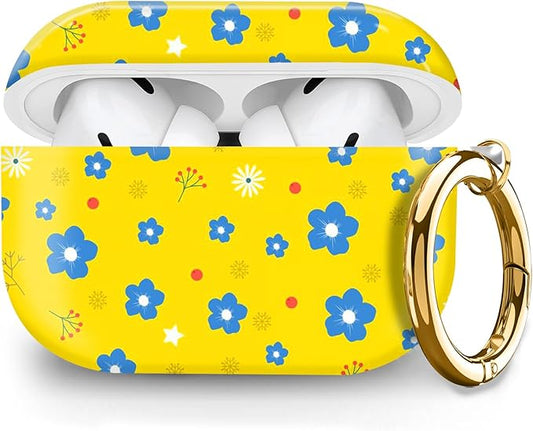 Cute Hard Case Compatible with AirPods Pro 2nd/1st Generation, Protective Cover with Golden Keychain, Fits 2023/2022/2019 Models, for Women, Girls, and Men(Cute Yellow Flower)