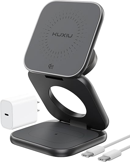 KU XIU Qi2.2 25W Magnetic Wireless Charger, Foldable 3 in 1 Travel Charging Station for iPhone 17/16/15/14/13/12, 5W for Apple Watch & AirPods, Aluminum Alloy Design, 45W GaN Adapter Included, Gray