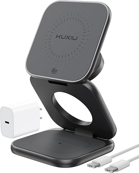 KU XIU Qi2.2 25W Magnetic Wireless Charger, Foldable 3 in 1 Travel Charging Station for iPhone 17/16/15/14/13/12, 5W for Apple Watch & AirPods, Aluminum Alloy Design, 45W GaN Adapter Included, Gray