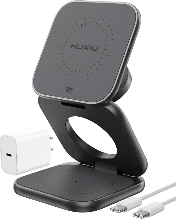 KU XIU Qi2.2 25W Magnetic Wireless Charger, Foldable 3 in 1 Travel Charging Station for iPhone 17/16/15/14/13/12, 5W for Apple Watch & AirPods, Aluminum Alloy Design, 45W GaN Adapter Included, Gray