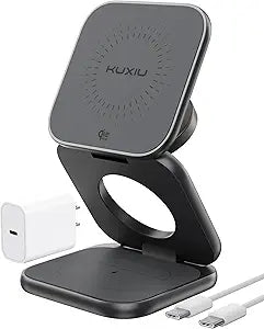 KU XIU Qi2.2 25W Magnetic Wireless Charger, Foldable 3 in 1 Travel Charging Station for iPhone 17/16/15/14/13/12, 5W for Apple Watch & AirPods, Aluminum Alloy Design, 45W GaN Adapter Included, Gray