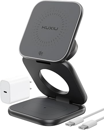 KU XIU Qi2.2 25W Magnetic Wireless Charger, Foldable 3 in 1 Travel Charging Station for iPhone 17/16/15/14/13/12, 5W for Apple Watch & AirPods, Aluminum Alloy Design, 45W GaN Adapter Included, Gray