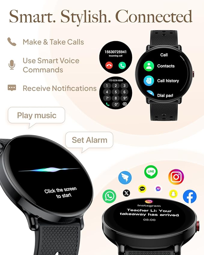 Smart Watch for Women Men, for Android iOS with Sleep & Calorie Monitor, Pedometer Fitness Tracker, Bluetooth Call, IP68 Waterproof, 112+ Sport Modes Round Face Smartwatch (Black)