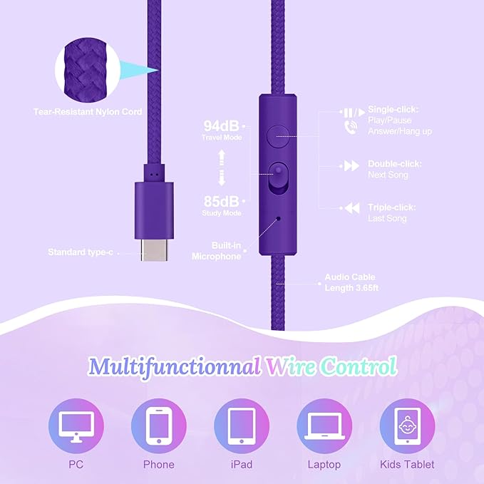 QearFun USB C Kids Headphones Wired with Mic, 85/94dB Safe Volume Limit, Foldable Over Ear, Tangle-Free Cord & Sharing Port, Wired On-Ear Headset for School, Chromebook, Tablet, Travel-Boys & Girls