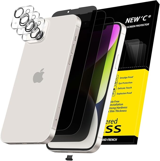 NEW'C 3x Privacy for iPhone 14 Plus Screen Protector (6.7 inches)+ 3x Camera Lens Protector, Sensor Protection,Case Friendly Tempered Glass Film +Dust Plug - Enhanced Privacy Angle of 28 Degrees