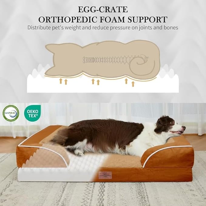 Comfort Expression Orthopedic Dog Bed for Medium Dogs 28x19 Inch, Waterproof Supportive Egg Crate Foam Medium Pet Bed with Removable Bolsters, Dog Couch with Washable Cover & Non-Slip Bottom, Orange