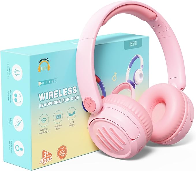 Kids Bluetooth Headphones Wireless On-Ear with USB-C Fast Charge,Microphone & 85dB Volume Limiter,Foldable Lightweight Toddler Headphones with AUX for School Travel (Pink)