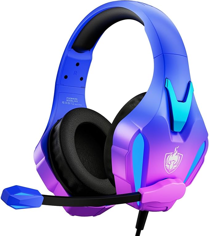 PHOINIKAS PS4 Gaming Headset for PC, Switch, PS5 Headset with 7.1 Stereo Sound, Gaming Headphones with Noise Cancelling Mic, LED Light, Over Ear Headset for Laptop, Mobile (Violet)