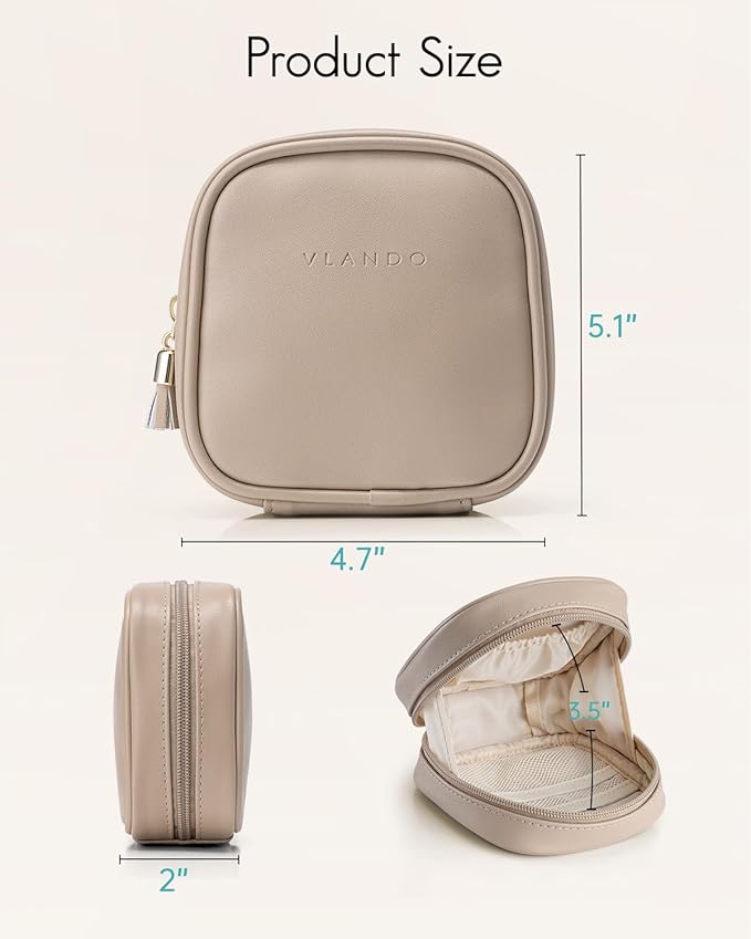 VLANDO Mini Makeup Bag, Small Makeup Bag for Purse with Slip-in Pockets, Portable Travel Toiletry Bag with Zipper, Waterproof Travel Essentials for Women - Toffee