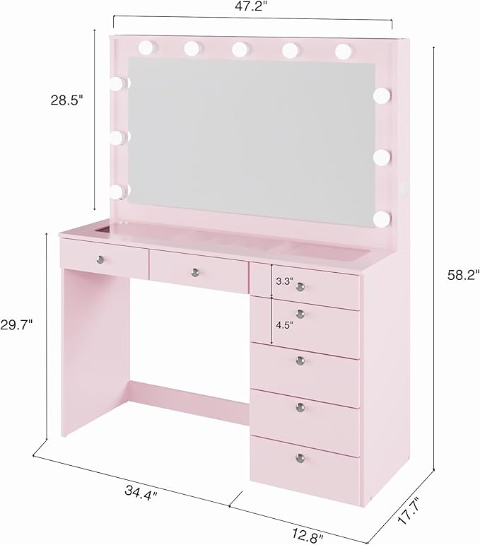 Boahaus Serena White Makeup Vanity with Mirror and 11 Lights, 7 Drawers, Glass Top, Crystal Knobs, USB-A & USB-C Ports, 110V Power Outlet, Bedroom Vanity Desk (Pink-1)