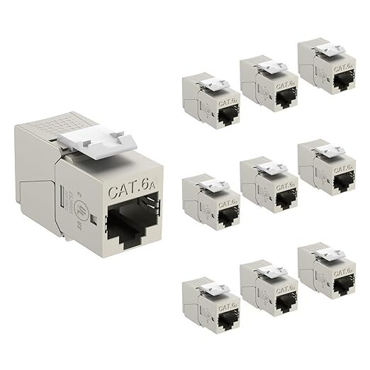 Tecmojo UL Listed 10Gbps Cat6A Shielded Keystone Jack Insert 10 -Pack, 180 Degree Punch Down RJ45 Keystone Jack Adapter Slim Profile for Patch Panel & Wall Plate, Sliver
