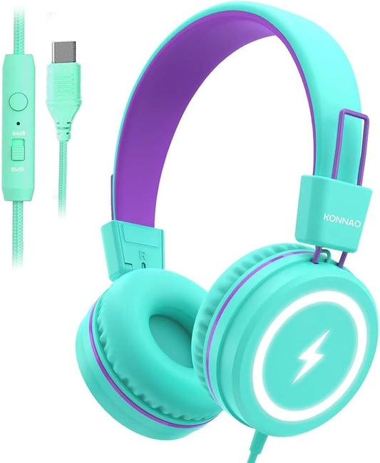 Kid Headphones for School, USB Type C Kids Headphone with LED Lights, Wired Boys Girls Headphones with Safe Limiter 85dB/94dB, Foldable On Ear Headphones with Microphones for School/iPad, Green