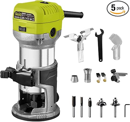 DEWINNER Electric Router Tool, 710W 10000-32000 RPM 6 Variable Speed Wood Router for Woodworking with 3 Clamps and 5 Router Tool Bits