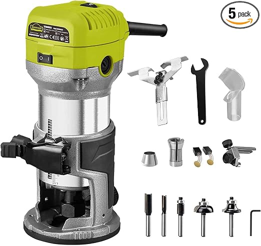 DEWINNER Electric Router Tool, 710W 10000-32000 RPM 6 Variable Speed Wood Router for Woodworking with 3 Clamps and 5 Router Tool Bits