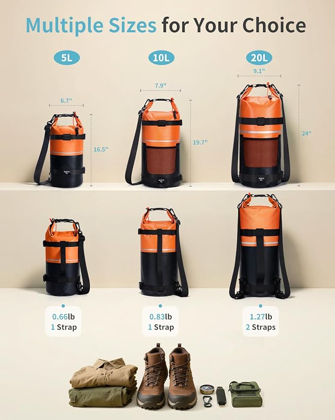 ECOHUB Waterproof Dry Bag for Women Men, 5L/10L/20L Roll Top Lightweight Dry Storage Bag Backpack for Travel Kayaking Hiking Floating with Waterproof Phone Case