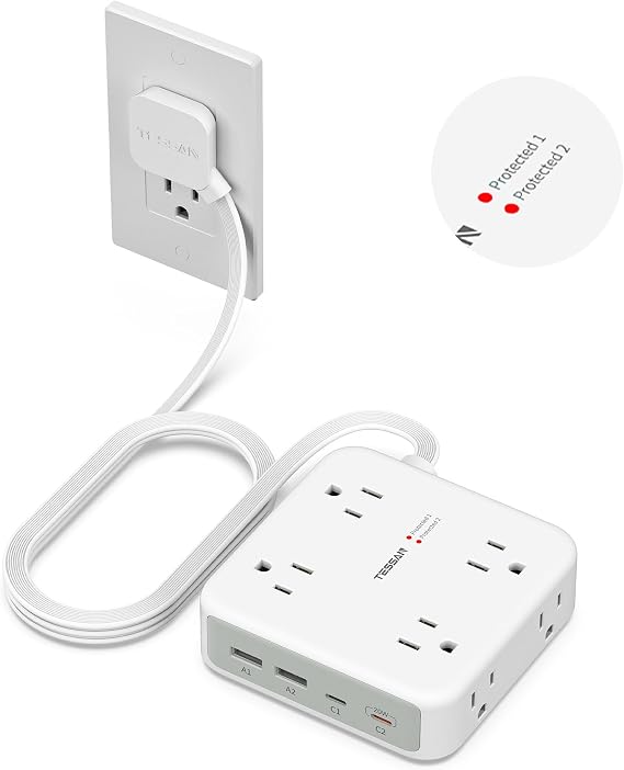 TESSAN Dual Surge Protector Power Strip, 5 Ft Extension Cord Flat Wall Plug