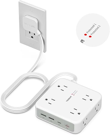 TESSAN Dual Surge Protector Power Strip, 5 Ft Extension Cord Flat Wall Plug