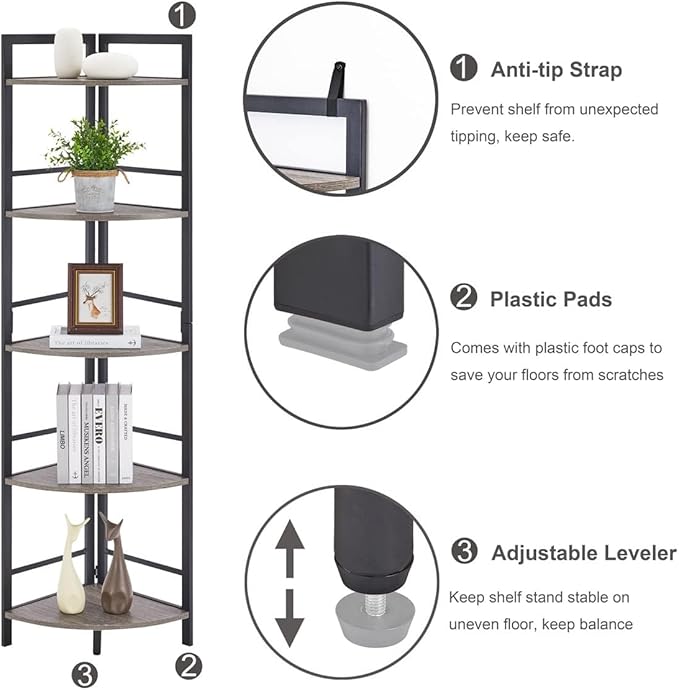 BON AUGURE Rustic Corner Shelf Stand, Tall Industrial Corner Bookshelf, Wood Metal 5 Tier Bookcase Shelves, Display Shelving Unit for Kitchen, Living Room (Dark Grey Oak)