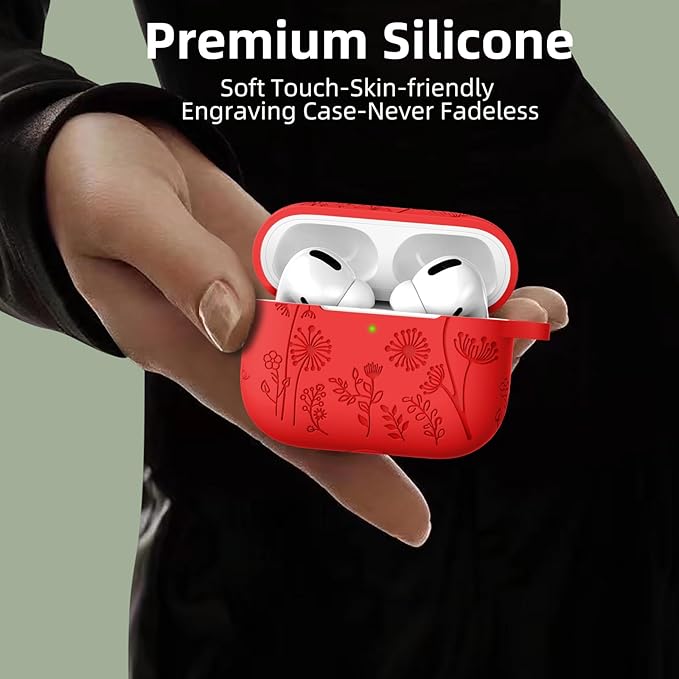 Lerobo Flower Engraved Cover Compatible with Airpod Pro Case Funny, Soft Silicone Protective Case for Airpods Pro 2nd 1st Generation Case USB C, Cute, Skin Frienfly, Front LED Visible, Red