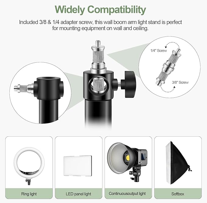 Wellmaking Wall Mount Triangle Boom Arm 39.37inch/100cm, Ring Light Mount Support 180°Flexible Rotation Comes with Tilt Swivel Mount for Studio Video Light, Monolight, Photography, Softbox, Reflector