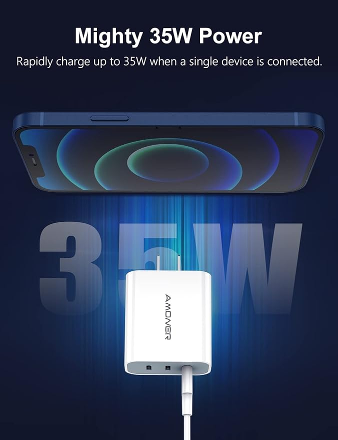 USB C Charger, Amoner 35W iPhone Charger, 3-Port Type C Wall Charger with PD 3.0 Power Delivery Adapter for iPhone 16/16 Pro/15/14/13/12/11/SE/XS, Galaxy, Pixel 4/3 and More