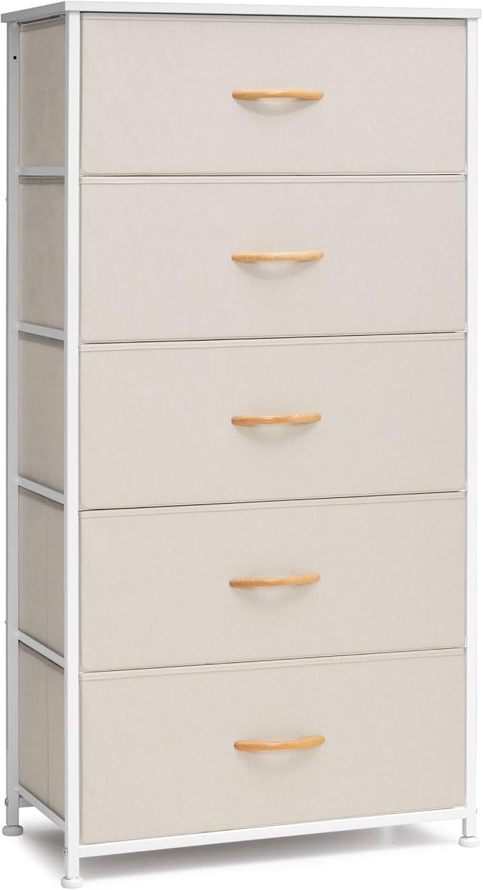 Crestlive Products Vertical Dresser Storage Tower - Sturdy Steel Frame, Wood Top, Easy Pull Fabric Bins - Wide Organizer Unit for Bedroom, Hallway, Entryway, Closets - 5 Drawers(Beige)