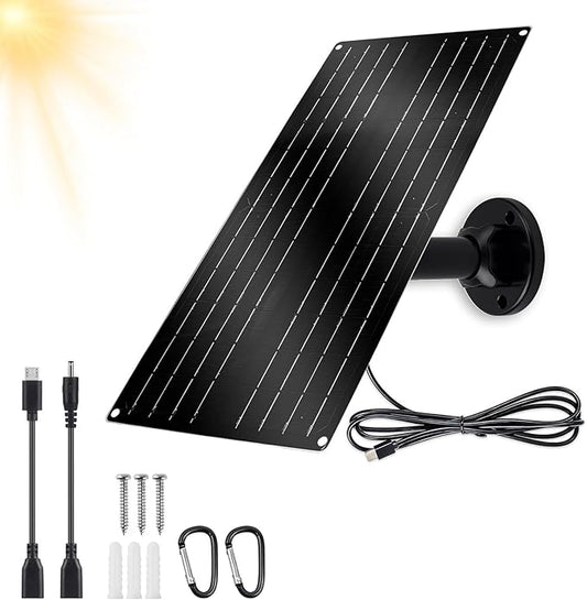 12W Solar Panel for Security Camera, 5V USB-C Solar Charger with Micro USB & Barrel Adapters, Outdoor Weatherproof for Continuous Home and Property Monitoring (1)