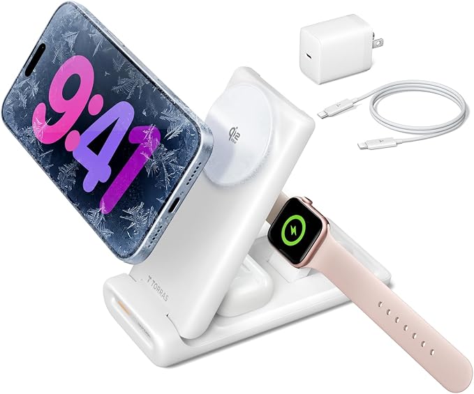 TORRAS ChillFlow™ 3 in 1 Qi2 Wireless Charging Station, Advanced Active Cooling for Stable Fast Charging, Foldable Charging Station for iPhone 12-17, Apple Watch & AirPods, Designed for Home, Office