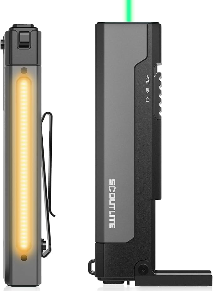 SCOUTLITE Vario GB 2000 EDC Flashlight with Green Beam, White and Warm LED Combo, 2000 Lumens Compact Magnetic Flat Pocket Lights, Triple Sources for Ourdoor Camping Inspection Emergency Work (Black)