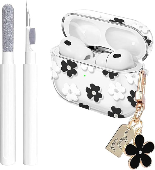 for Airpods Pro 3 Case Clear,Cute Black Floral Design for Airpods Pro 3 Case Cover,Shockproof Soft TPU Skin Accessories with Girly Flower Keychain&Cleaning Pen for Women Girls