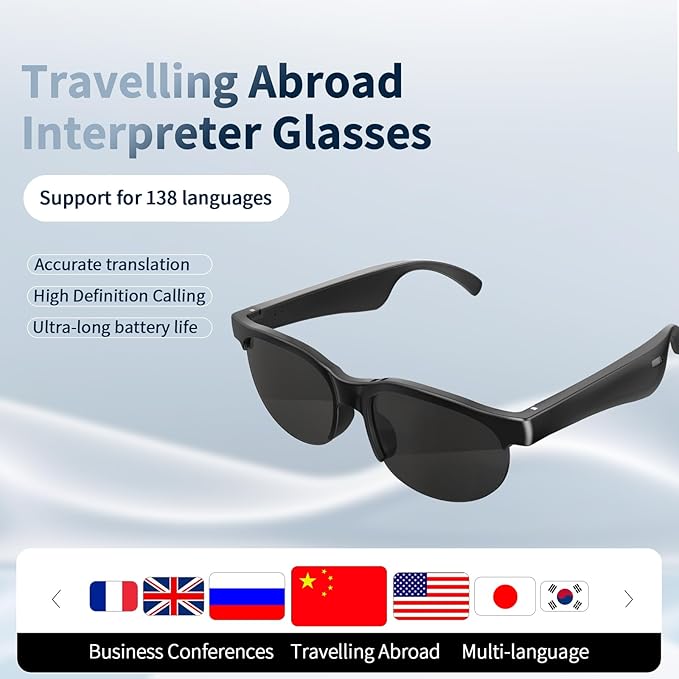 AI Smart Translation Glasses - Real-Time Voice Translator, 138+ Languages, Bluetooth 5.4, 8Hr Battery for Travel Business (Black)