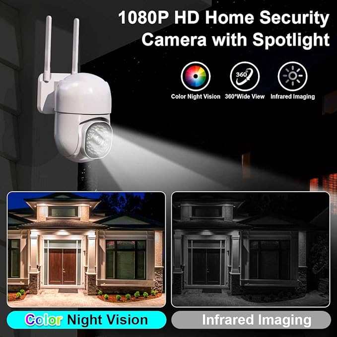 3MP Security Camera Outdoor, 2K HD Cameras for Home Security, Support 2.4GHz WiFi, 360° PTZ Auto Tracking, 2-Way Audio, Motion Detection and Siren, Cloud/SD Storage, Waterproof