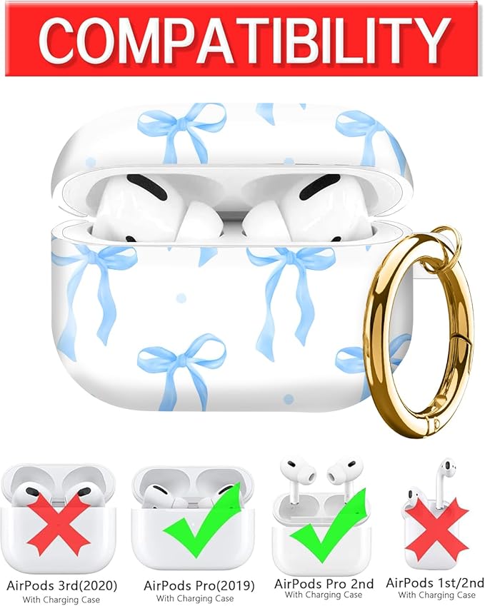 Compatible with AirPod Pro Case 2nd/1st Gen (2023/2022/2019),Shockproof Protective Cover with Keychain for Women,Cute Charging Case for Airpod Pro 2/1(Blue Bows)