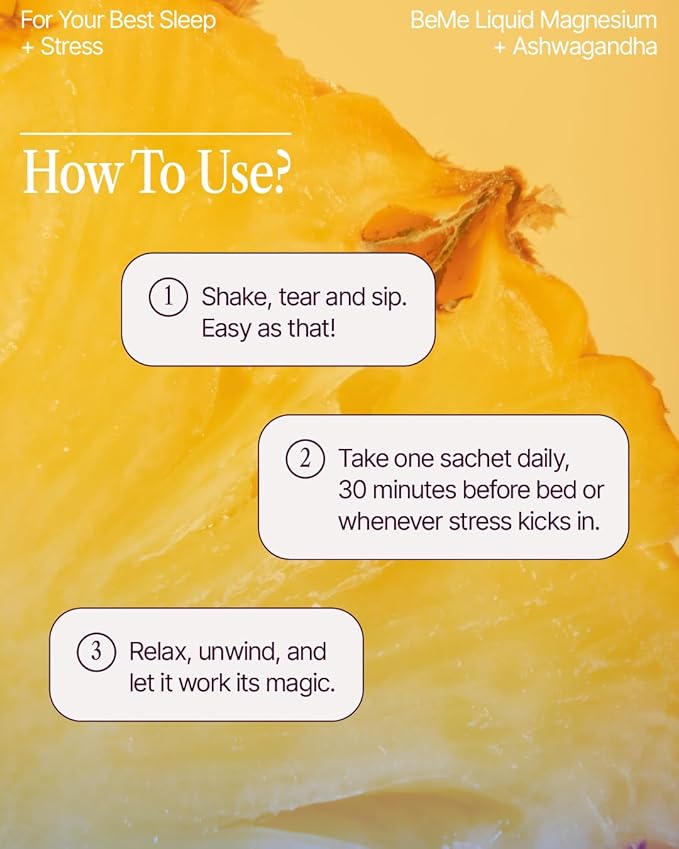 BeMe Magnesium Drink for Sleep - Melatonin-Free Magnesium for Sleep with Ashwagandha, L-Theanine & GABA - Fast-Absorbing Calm Pineapple - 30 Sachets