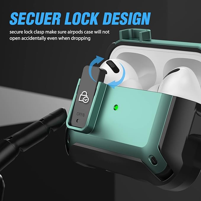 Valkit for Airpods Pro Case Cover with Lock, Military Armor Series Full-Body AirPod Pro Case with Keychain Cool Air Pod Pro Shockproof Protective Case for AirPods Pro 2019, Black/Green