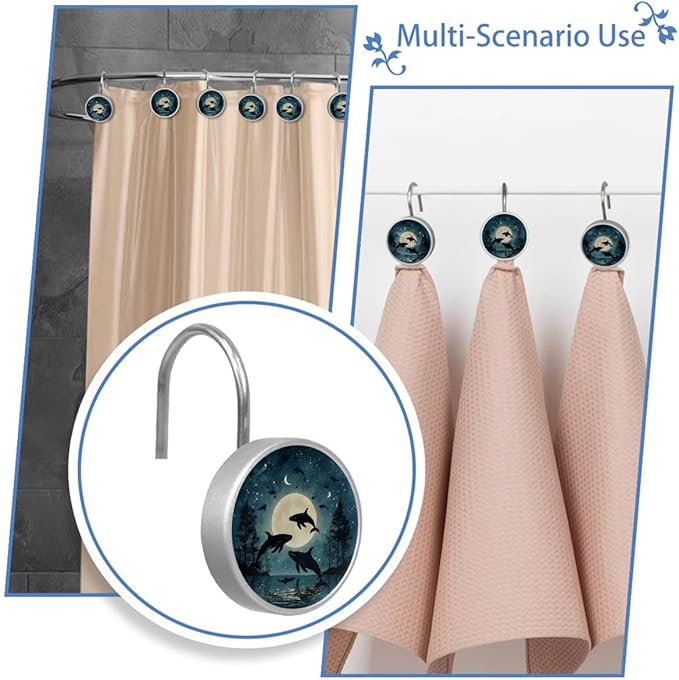 12 Packs Jumping Whales Shower Curtain Hooks, Stainless Steel Glass Shower Curtain Rings for Bathroom, Rustproof Metal Curtain Rod Hooks