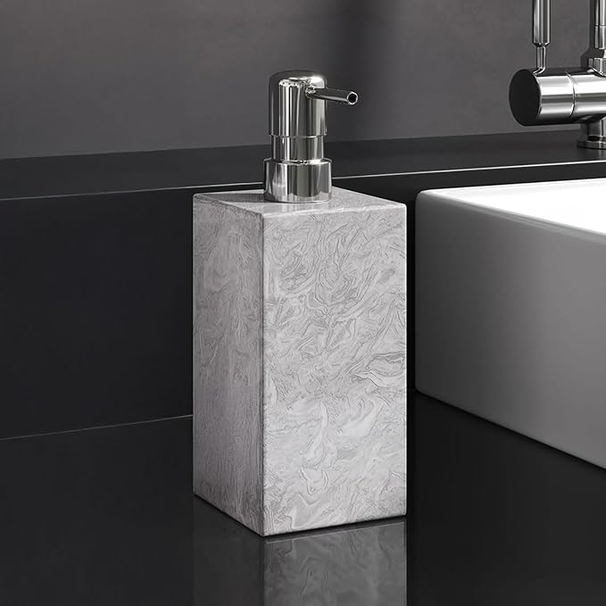 Real Natural Marble Soap Dispenser with Stainless Steel Pump Decorative Liquid Hand Soap Bottle for Kitchen Bathroom, Compatible with Lotion, Dish Soap Shower Gel (Grey 1 Set)