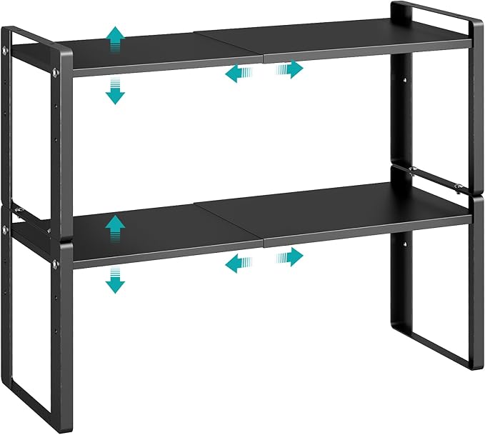 2 Pack Expandable Cabinet Organizer Shelves, Stackable Heavy Duty Metal Pantry Organizers, Adjustable Cabinet Shelf for Kitchen Counter, Cupboard, Pantry & Under Sink Space Saver, Black