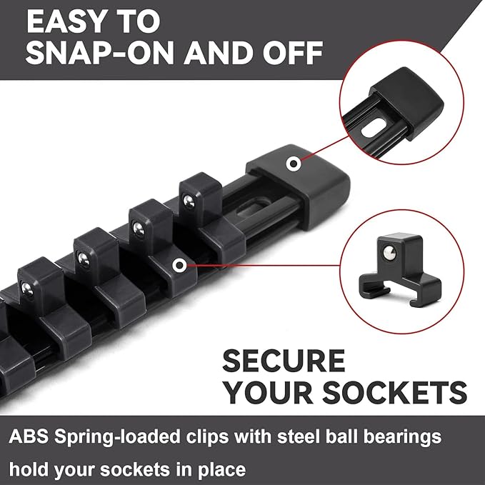 ALOANES 18PC ABS Socket Organizer, Socket Rails Fit 1/2 inch, 3/8 inch and 1/4 inch Drive, toHeavy Duty Socket Holders Hold up to 258 Sockets, Black Rails with Black Clips