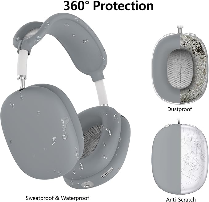 Silicone Case Cover for AirPods Max, Ear Pad Case Cover/Ear Cups Cover/Headband Cover for AirPods Max Headphones, Accessories Soft Silicone Protector for Apple AirPod Max New USB-C (2024) (Gray)