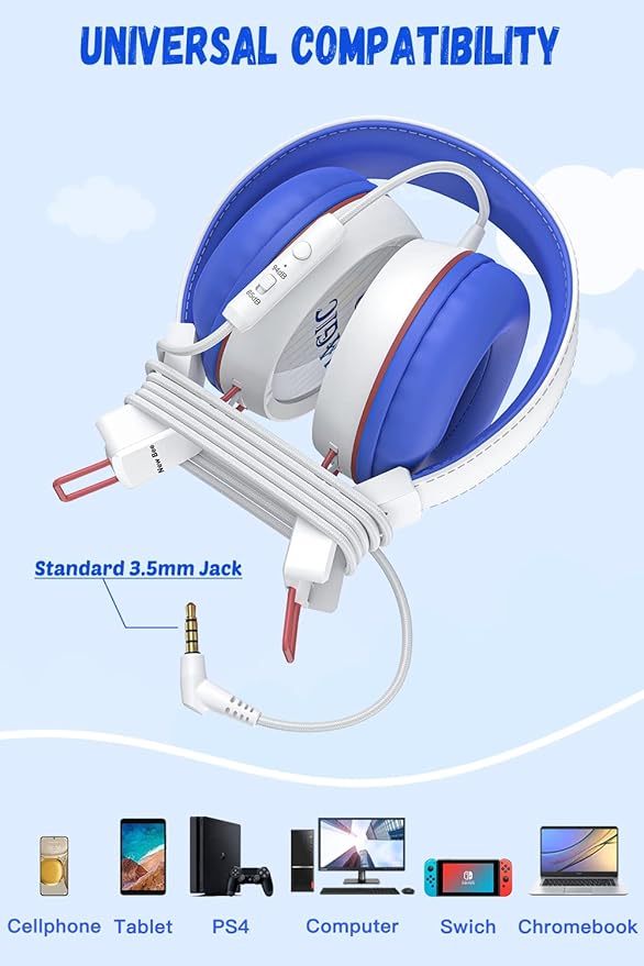 New Bee Kids Headphones for School with Microphone KH20 HD Stereo Safe Volume Limited 85dB/94dB Foldable Lightweight On-Ear Headphone for PC/Mac/Android/Kindle/Tablet/Pad (White)